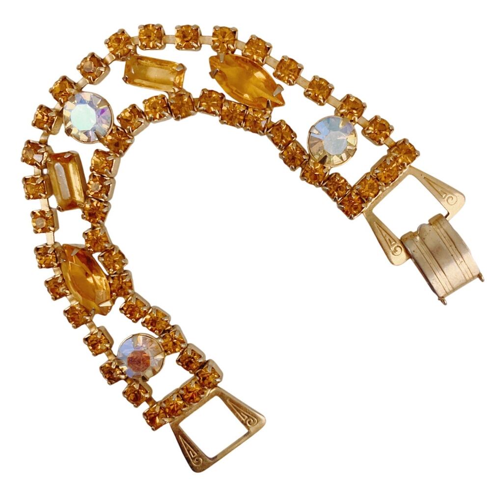 Prong Set Amber Color Vintage Bracelet with Baguette & Navette AB Rhinestones